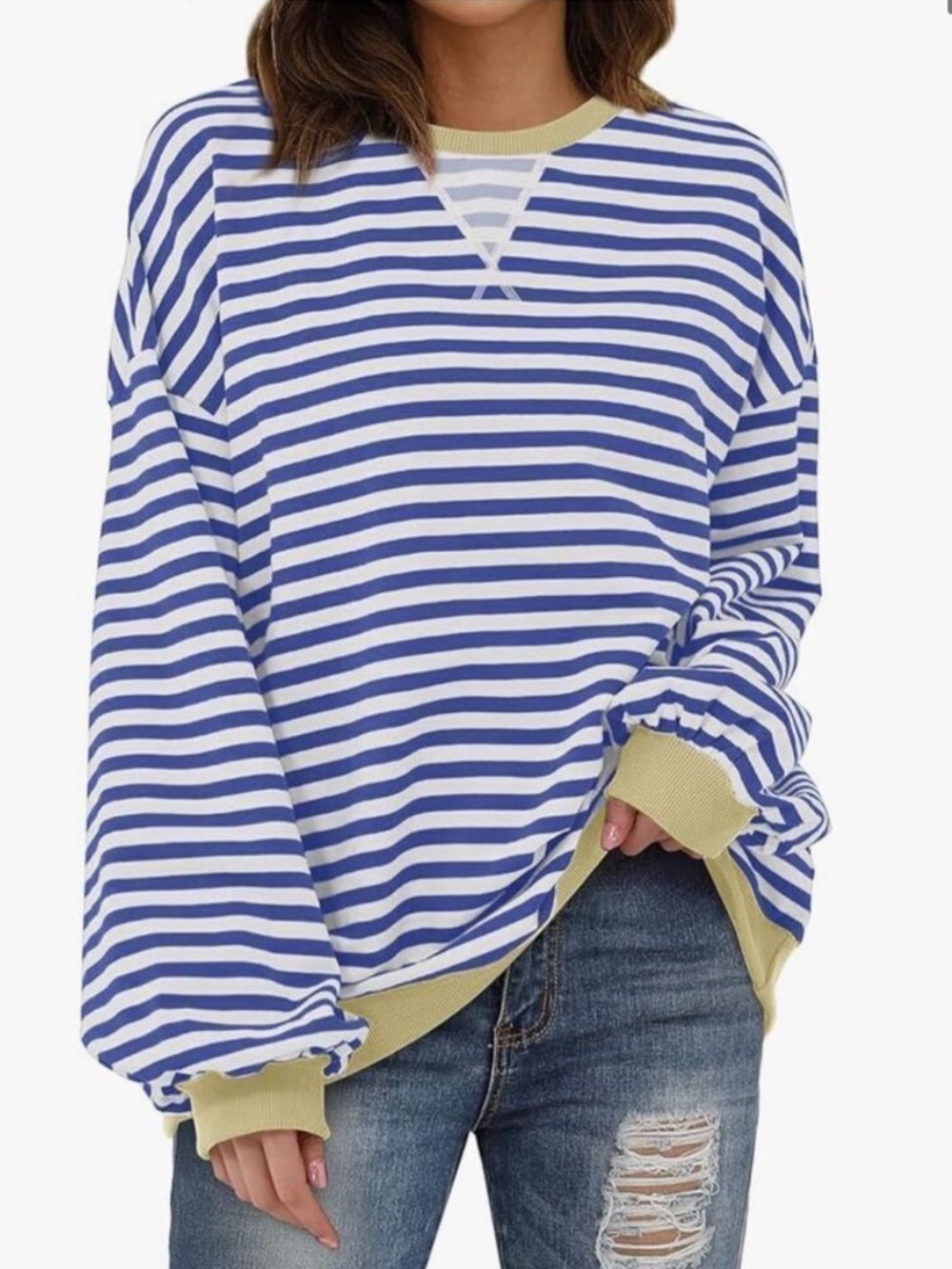 Striped Blue & White Crewneck Sweatshirt with Contrast Trim